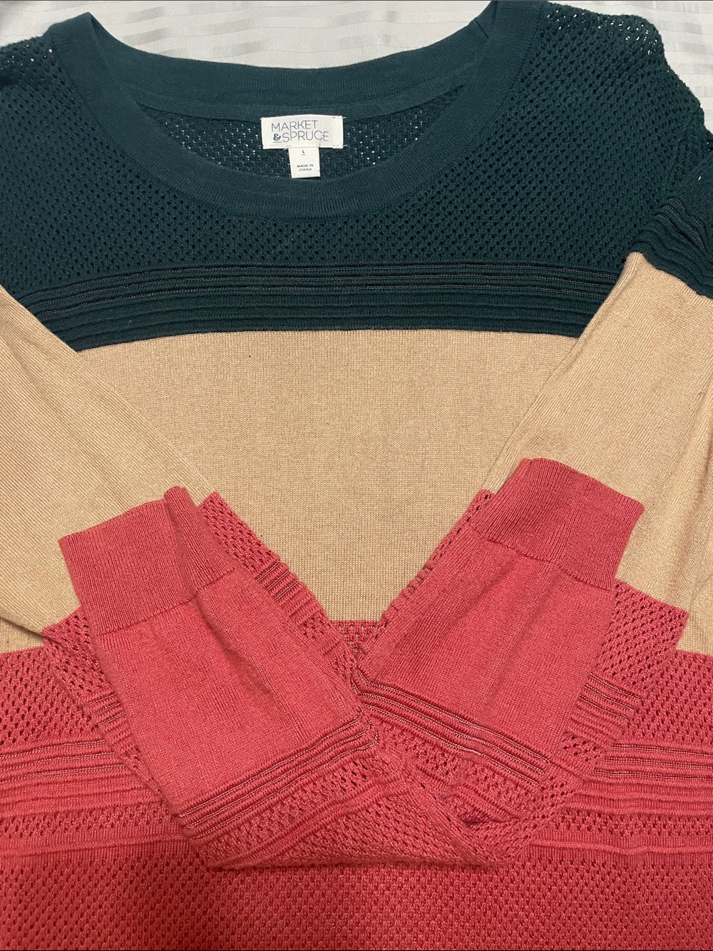Market & Spruce Colorblock Open-Knit Sweater in Green, Tan & Red